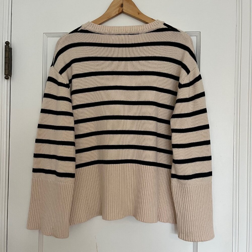 100% Cotton Cream and Black Striped Sweater with Split Hem | Size S/M - Picture 2 of 5